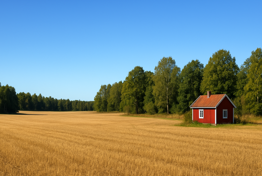 En röd stuga vid en åker i Småland en sommardag i juli.