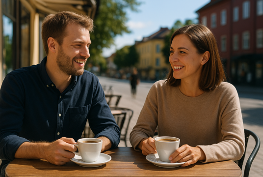 Man och kvinna som sitter utomhus och tar en kaffe.